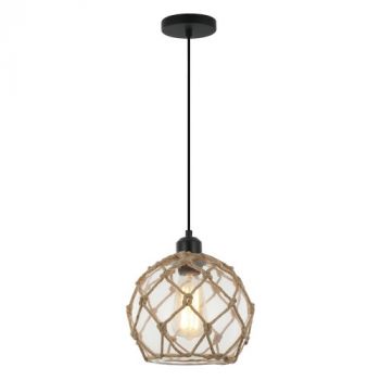 Brightstar PEN846 BLACK Metal Pendant with Clear Glass and Rope Matt Black