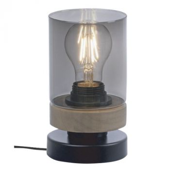 Brightstar TL699 WOOD Metal and Wood Table Lamp with Smoke Colour Glass Black