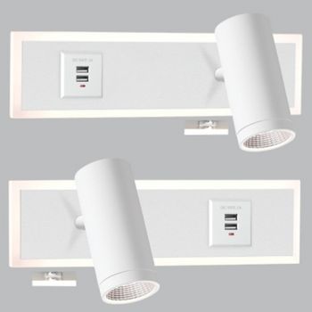 Brightstar WB204 MATT WH Aluminium And Acrylic Bedside Wall Bracket Set (2 Per Box) With 2 Usb Ports And 2 Switches