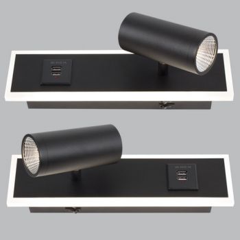 Brightstar WB205 MATT BK 11W and 5W LED Aluminium and Acrylic Bedside Wall Light Set (2 per box) with 2 USB Ports and 2 Switches Matt Black
