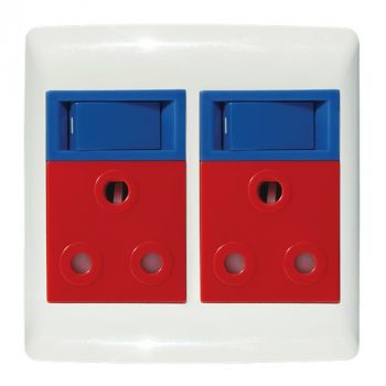 Crabtree 12303/117D Diamond Double Dedicated Socket 164-4 Red Switched Blue on 4x4 Yoke with White Coverplate