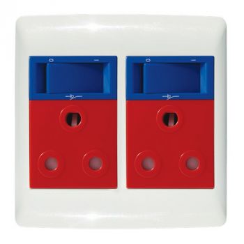 Crabtree 12303/127D Diamond Double Dedicated Socket 164-4 Red Double-Pole Switched Blue on 4x4 Yoke with White Coverplate