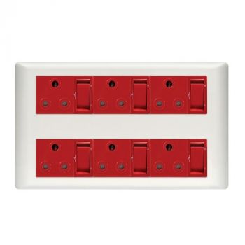 Crabtree 17303/123 Diamond 18 Way Cluster 6 x STD Socket 164-1 Red Double-Pole Switched Red on Yoke with White Coverplate