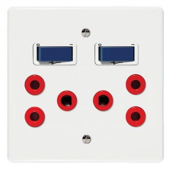 Crabtree 6398D/327 Classic Double Dedicated Socket 164-4 Red Double-Pole Switched Blue on 4x4 Yoke with White Coverplate