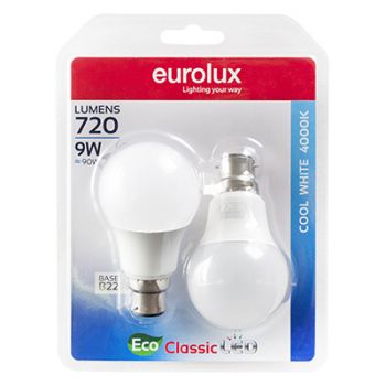 Eurolux G1078BC 9w LED A60 Core B22 4000K CW (Twin Blister)