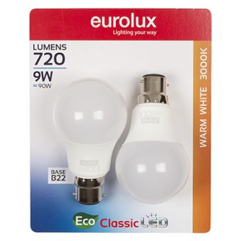 Eurolux G1079BC LED A60 Core B22 9w 3000K (Twin Blister)