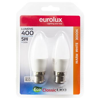 Eurolux G1080BC 5w LED Candle Core B22 3000K WW (Twin Blister)
