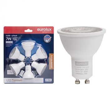 Eurolux G1133WW GU10 Premium 7w LED 3000K Dimmable 6 Pack Blister