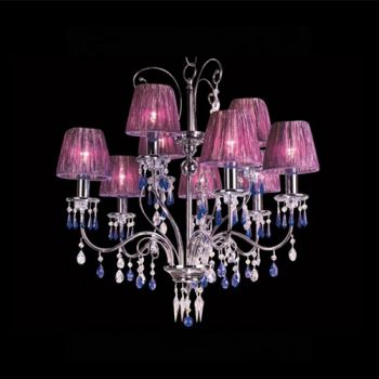 K Light KLCH-118/6+3 Swarovski Crystal Chandelier with Violet Silk Shades Chrome