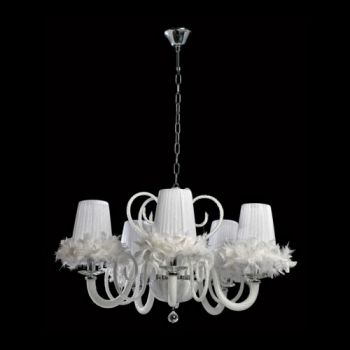 K Light U-KLCH-5757-5/B 5 Black Glass Arm Chandelier with Feather Trimmed Shades with K9 Clear Crystal