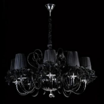 K Light U-KLCH-5757-8/W 5 White Glass Arm Chandelier with Feather Trimmed Shades with K9 Clear Crystal