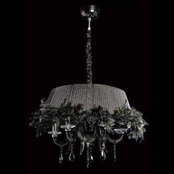 K Light U-KLCH-9181-5/B 5 Black Glass Arm Feather Shade Chandelier with Crystals and Shade with K9 Clear Crystal