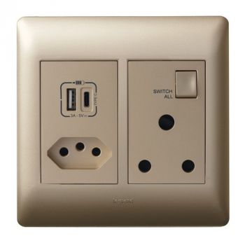 Legrand Ysalis 701147 Mono Block 1X Socket And 1X New Socket And Double USB TypeA And C 5Vdc 3A Intelligent Charging Champagne
