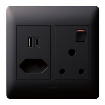 Legrand Ysalis 701347 Mono Block 1X Socket And 1X New Socket And Double USB TypeA And C 5Vdc 3A Intelligent Charging Black