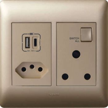 Legrand Ysalis PYMONU44CHA Mono Block 1X Socket And 1X Socket And Double USB Type AandC 5V 3A Intelligent Charging 4X4 Champagne